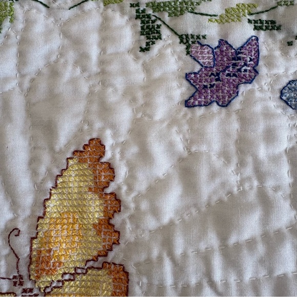 Handmade Quilted Cross Stitch Embroidered Butterfly & Floral Cotton Pillow Sham - Picture 7 of 15